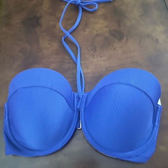 Shade & Shore Women's Lightly Lined Ribbed Halter Bikini Top Royal Blue NWT 32DD - Picture 5 of 9